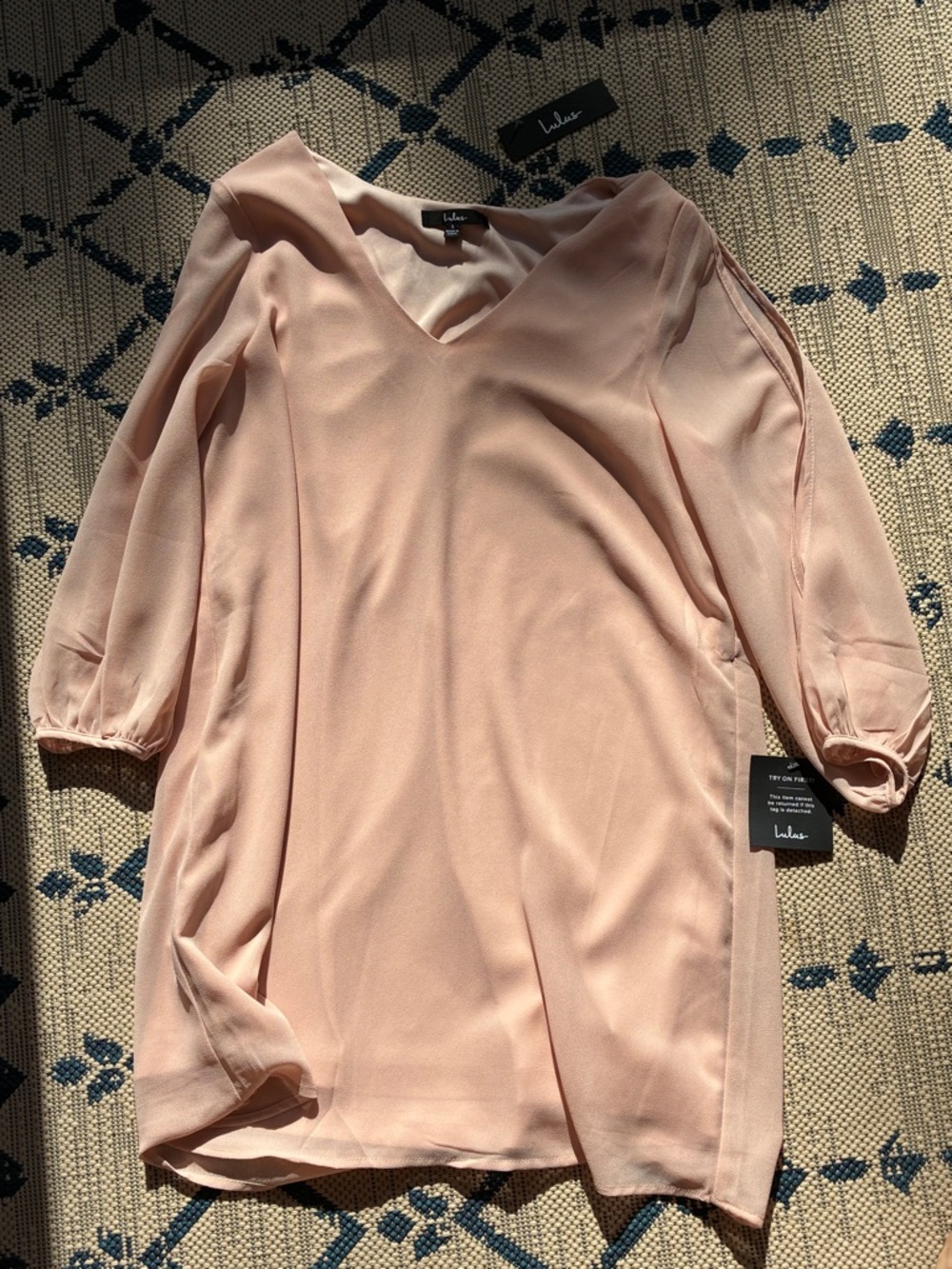 Lulu's Cold Shoulder V-Neck "Shifting Dears" Mini Dress in Pale Peach / Blush - Picture 4 of 11